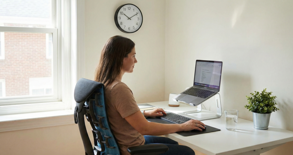 Mulher trabalhando em home office com postura ergonômica correta, utilizando suporte para notebook e teclado externo para prevenir dores e tensões musculares.