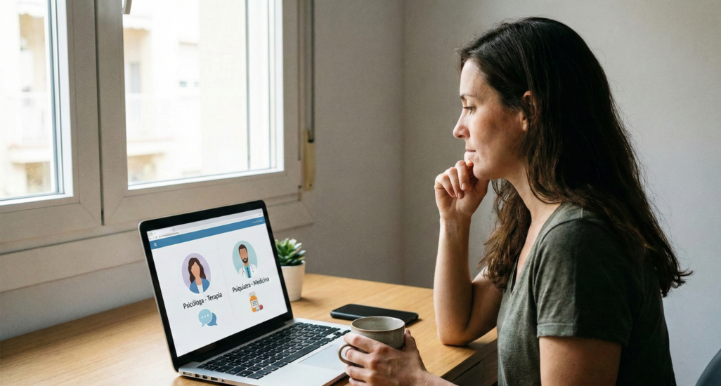 Mulher em ambiente doméstico analisando no notebook a diferença entre psicólogo e psiquiatra na plataforma Viva Mente Saúde