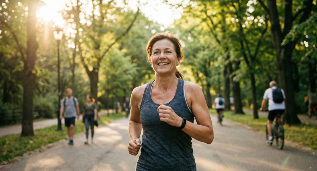 Pessoa praticando atividade física leve ao ar livre, simbolizando a prevenção de doenças cardiovasculares e o cuidado com o coração.