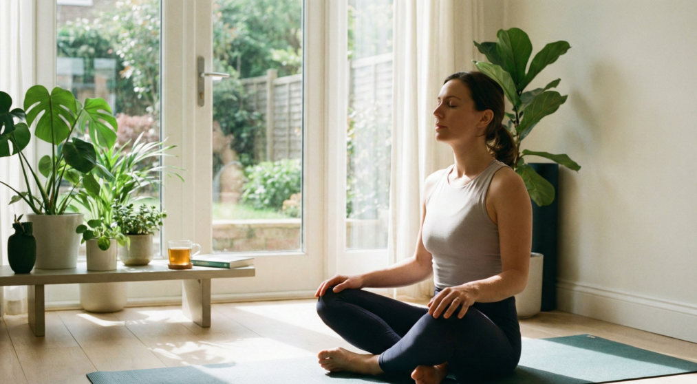 Pessoa praticando respiração consciente em um ambiente calmo e iluminado, representando o controle da ansiedade e a busca pelo equilíbrio mental.