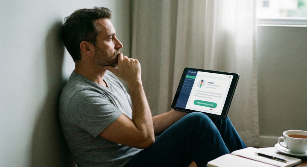 Homem em momento de reflexão comparando sintomas de tristeza e depressão através de consulta de telepsicologia