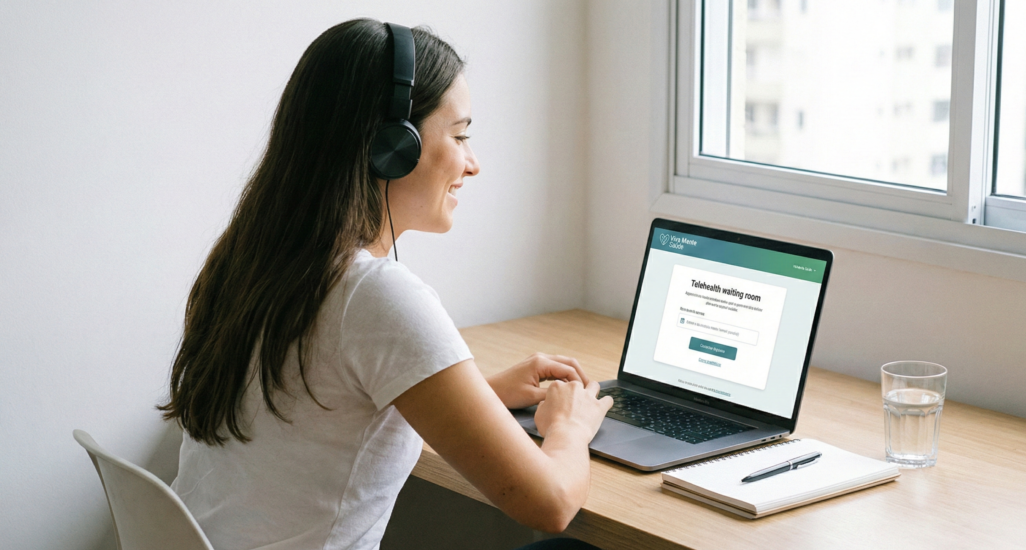 Pessoa sorridente se preparando para uma consulta de telemedicina no notebook, utilizando fones de ouvido em um ambiente iluminado e tranquilo.