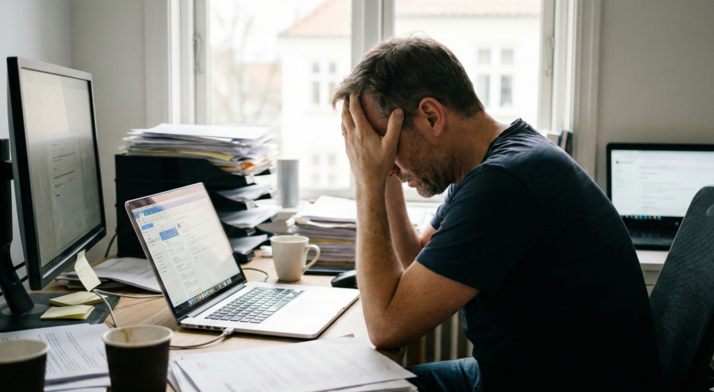 Profissional em ambiente de escritório demonstrando sinais de exaustão e estresse, com foco na conscientização sobre a Síndrome de Burnout.
