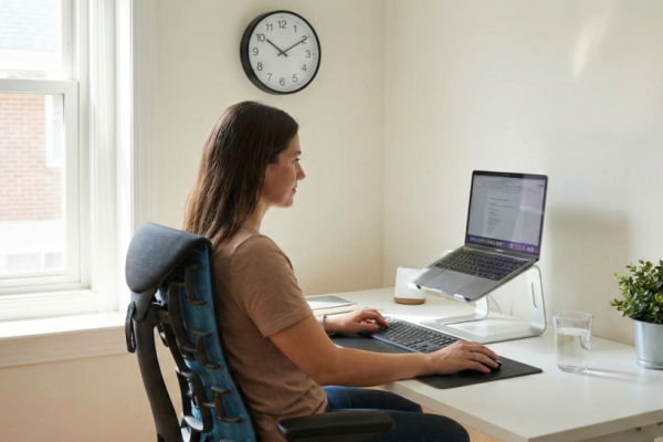 Mulher trabalhando em home office com postura ergonômica correta, utilizando suporte para notebook e teclado externo para prevenir dores e tensões musculares.