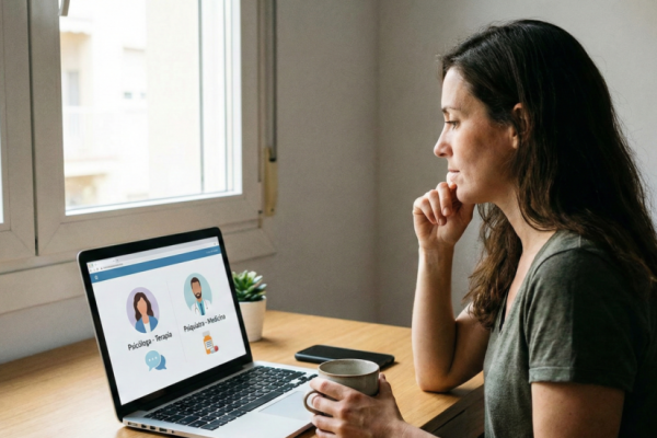 Mulher em ambiente doméstico analisando no notebook a diferença entre psicólogo e psiquiatra na plataforma Viva Mente Saúde