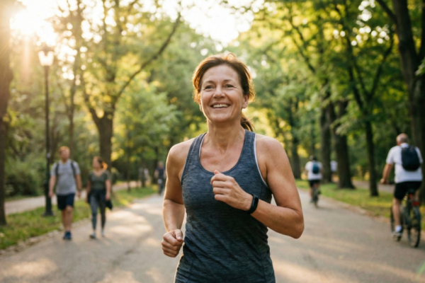 Pessoa praticando atividade física leve ao ar livre, simbolizando a prevenção de doenças cardiovasculares e o cuidado com o coração.