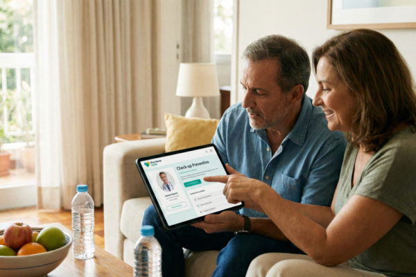 Médico realizando atendimento via telemedicina para orientar paciente sobre exames de rotina e prevenção.