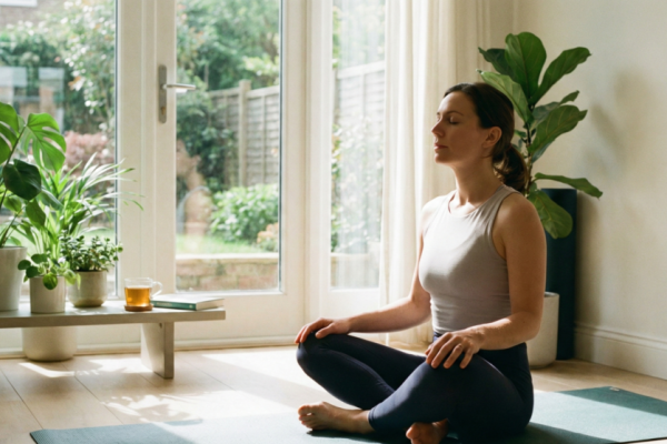 Pessoa praticando respiração consciente em um ambiente calmo e iluminado, representando o controle da ansiedade e a busca pelo equilíbrio mental.