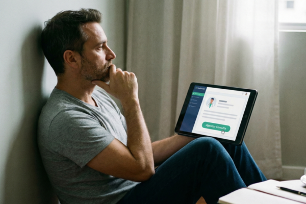 Homem em momento de reflexão comparando sintomas de tristeza e depressão através de consulta de telepsicologia