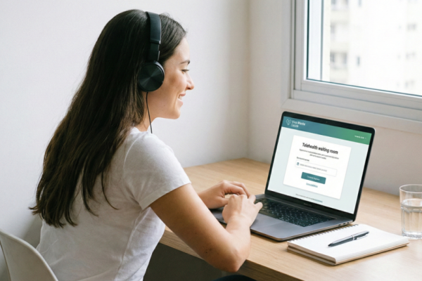 Pessoa sorridente se preparando para uma consulta de telemedicina no notebook, utilizando fones de ouvido em um ambiente iluminado e tranquilo.